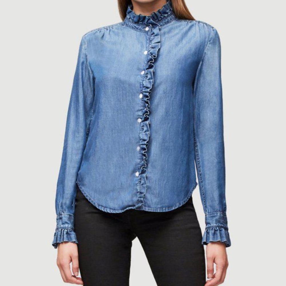 FRAME ruffle detail chambray shirt